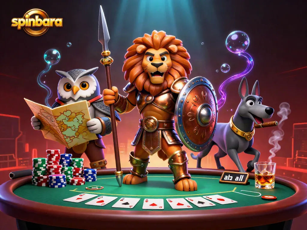 Experience thrilling poker action at Spinbara Casino with vibrant characters and dynamic gameplay elements.