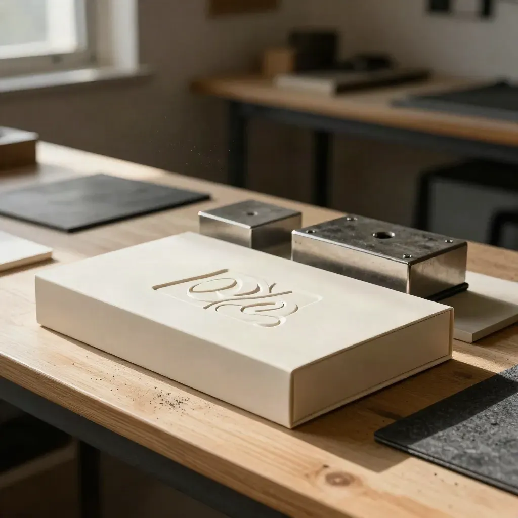 Caja crema con relieve, troquel metálico y foil mate sobre banco de madera, luz cálida.