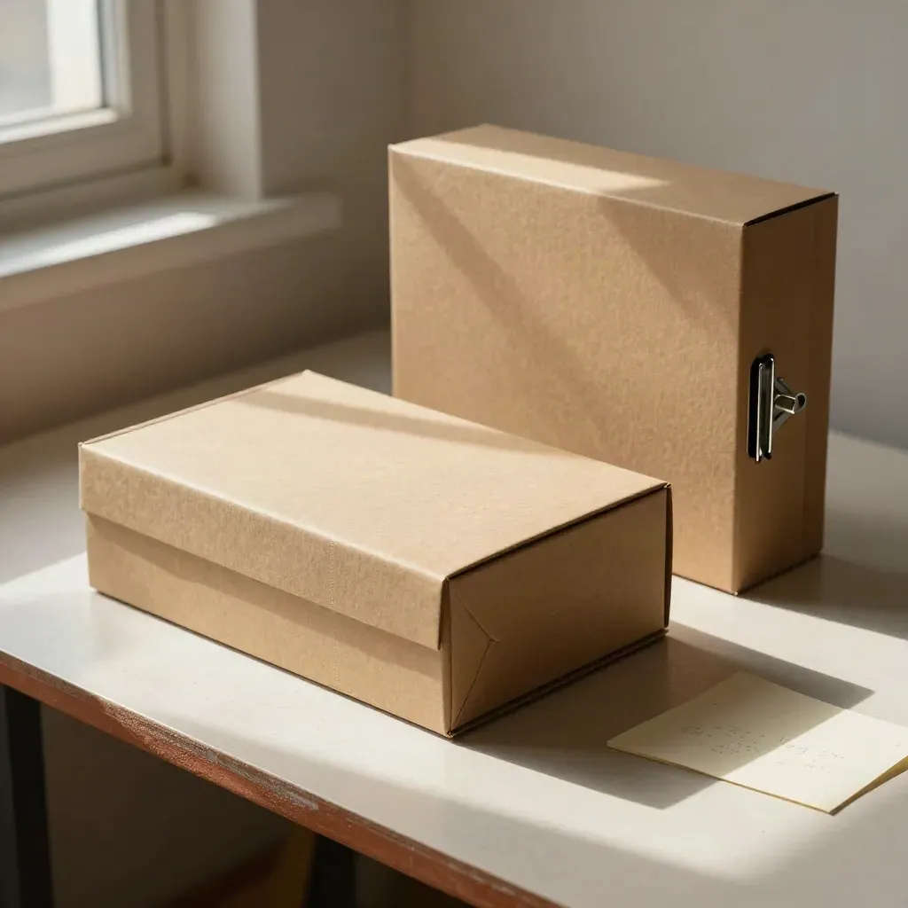 Dos maquetas de caja, clips metálicos y recortes de taller sobre una mesa clara.