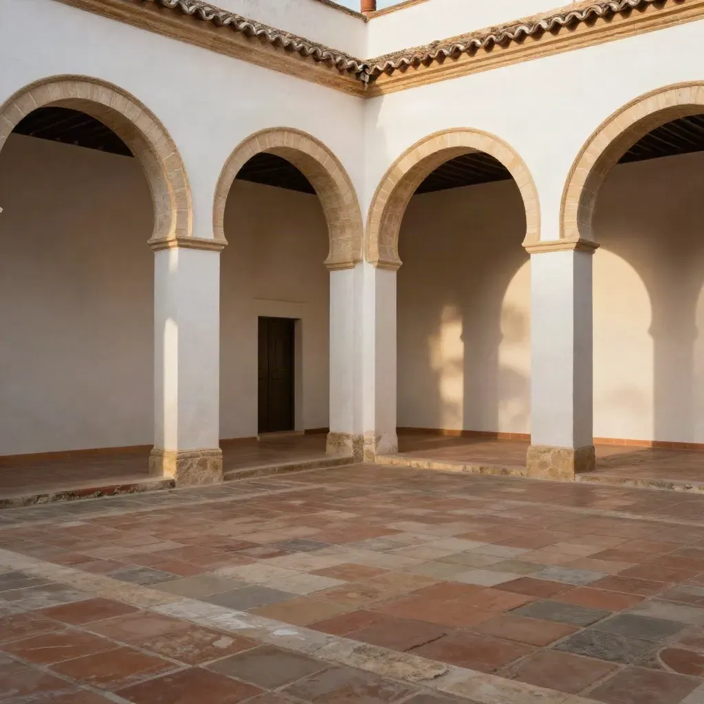 Patio andaluz blanco con arcos altos y suelo de barro cocido bajo luz cálida de tarde
